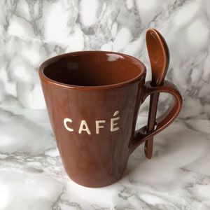 Milk Chocolate Brown Cafe Coffee Cup with a Built-In Matching Spoon